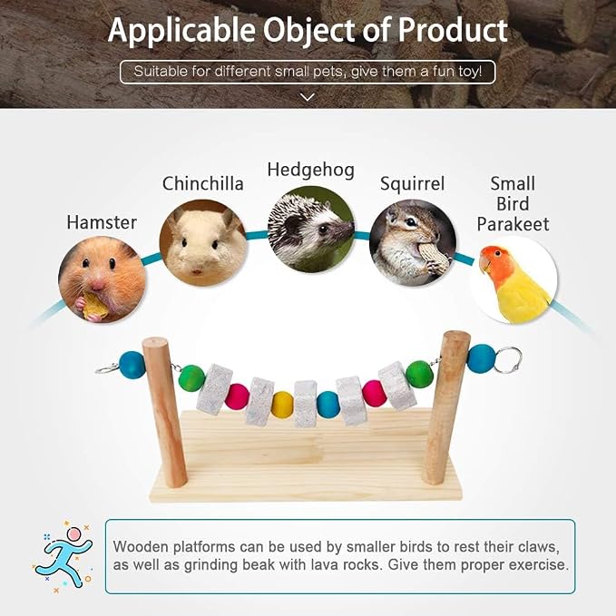 Hamster Wood Ledge Platform with Lava Stone Chew Block, Cage Rest Shelf Climbing Toy for Dwarf Hamsters, Sugar Gliders, Parakeets | Wooden Climb Rest Shelf,Teeth Grinding Toys for Rat Sugar Gliders,Nail Trimming Bird Perch Stand