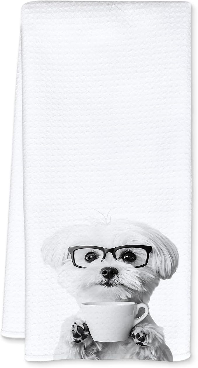 Maltese Gifts Coffee Kitchen Towels, Gifts for Dog Coffee Lovers Decorative Hand Tea Towel for Kitchen Home Bar, Funny Maltese Owners Coffee Bar Decor,16x24 Inch