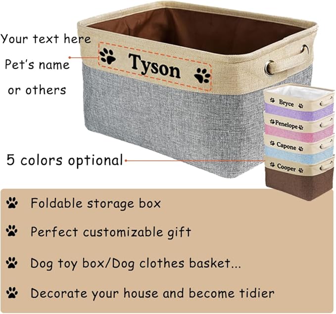 Custom Dog Toy Storage Basket with Dog's Name Sturdy Foldable Collapsible Cat Storage Bin with Handles for Organizing Pet Stuffs, Toys, Clothes,( Pink and White), 15" x 9.8" x 9"