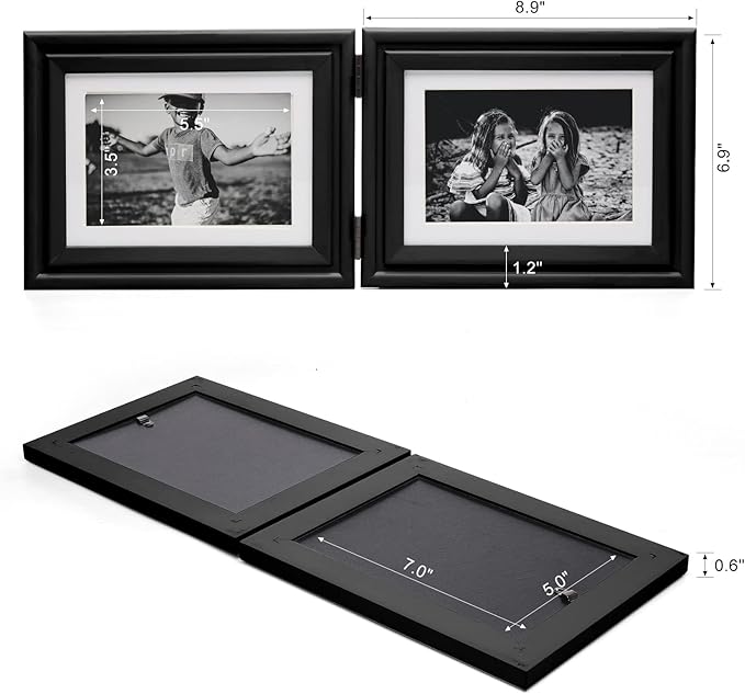 Horizontal 5X7 Picture Frames Double Hinged Wood Folding Photo Frames with Real Glass Front Fit for Desktop or Tabletop Display Pictures 4x6 with Mat or 5x7 Without Mat, Black XHEI-H75X2