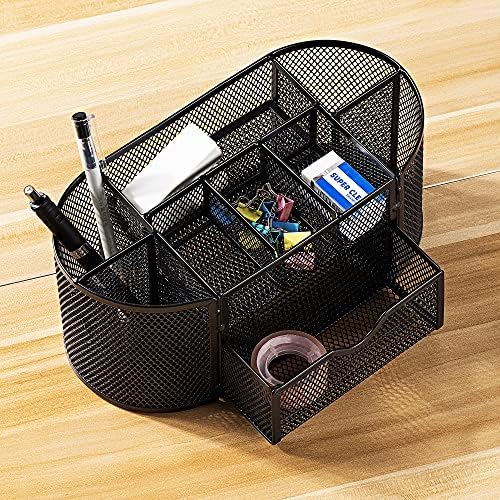 Amazon Basics Mesh Desk Organizer with Pen Holder, Pullout Drawer and Office Caddy Storage, 9.25" x 4.53" x 3.94", Black