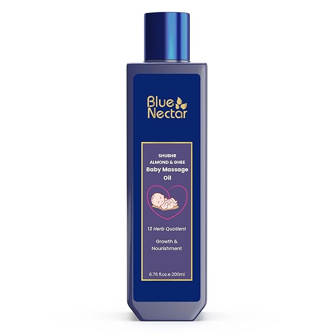 Blue Nectar Ayurveda Gentle Baby Oil for Newborn Skin Care -Moisturizing Baby Massage Oil for Dry Skin Moisturizer |Soothing with 100% Natural Coconut Oil & Organic Ghee (13 Herbs, 6.76 Fl Oz)