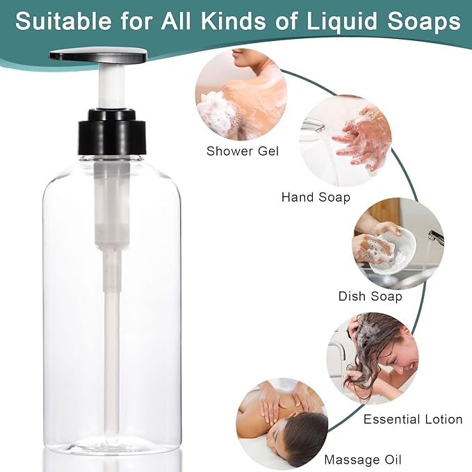 Yebeauty 2 Pack Clear Pump Bottles 17oz/500ml, Empty Plastic Lotion Bottle Pump Dispenser with Pump Refillable