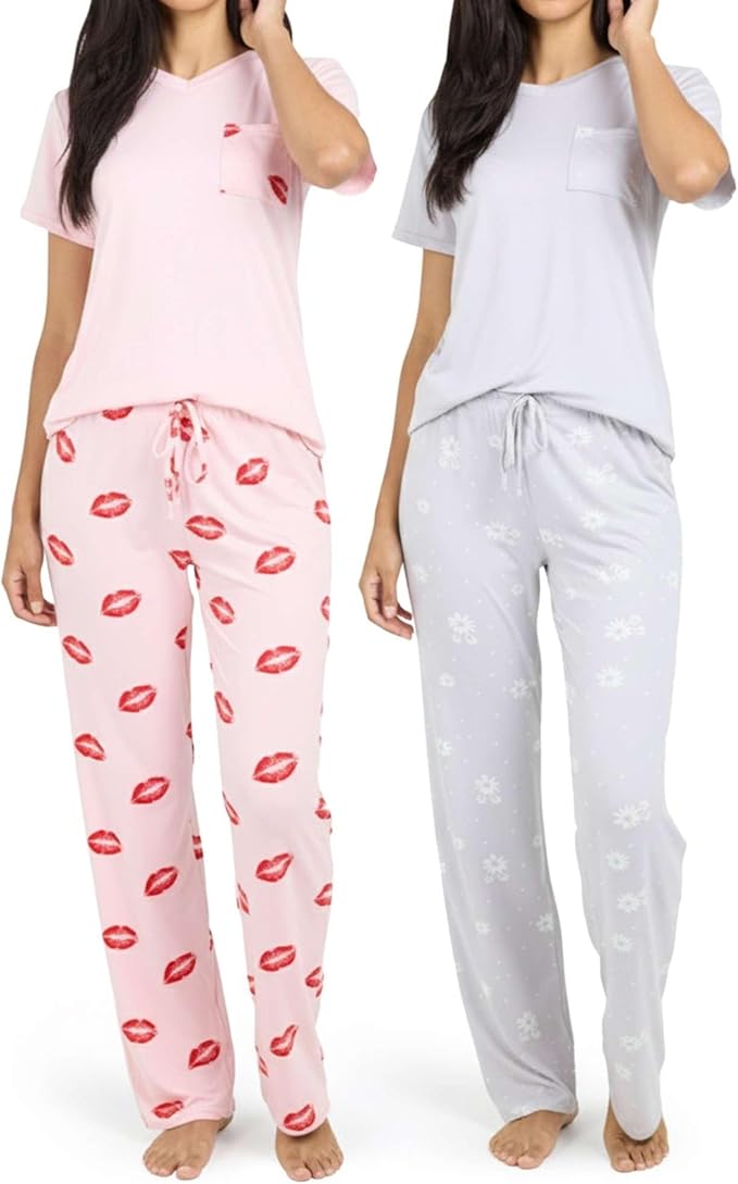 Real Essentials 2 Pack: Women's Comfy Pajama Sets - Short & Long Sleeve Ladies Loungewear Sleepwear PJs (Available In Plus)