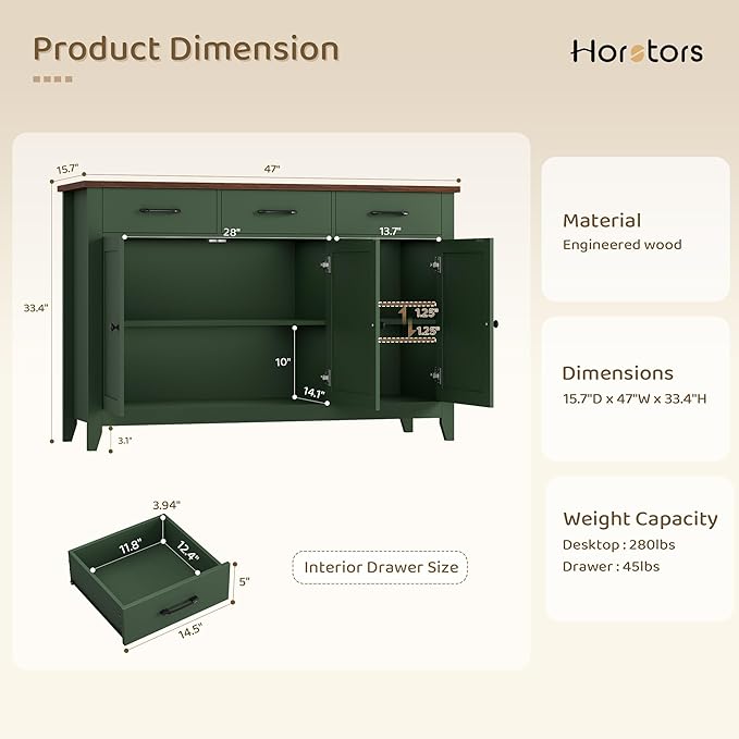 HORSTORS 47" Buffet Cabinet with Storage, Kitchen Buffet Table with Drawers, Modern Farmhouse Coffee Bar Storage Cabinet with Adjustable Shelf, Wood Sideboard for Dining Room, Kitchen, Entryway, Green