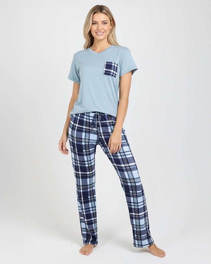 Real Essentials 2 Pack: Women's Comfy Pajama Sets - Short & Long Sleeve Ladies Loungewear Sleepwear PJs (Available In Plus)