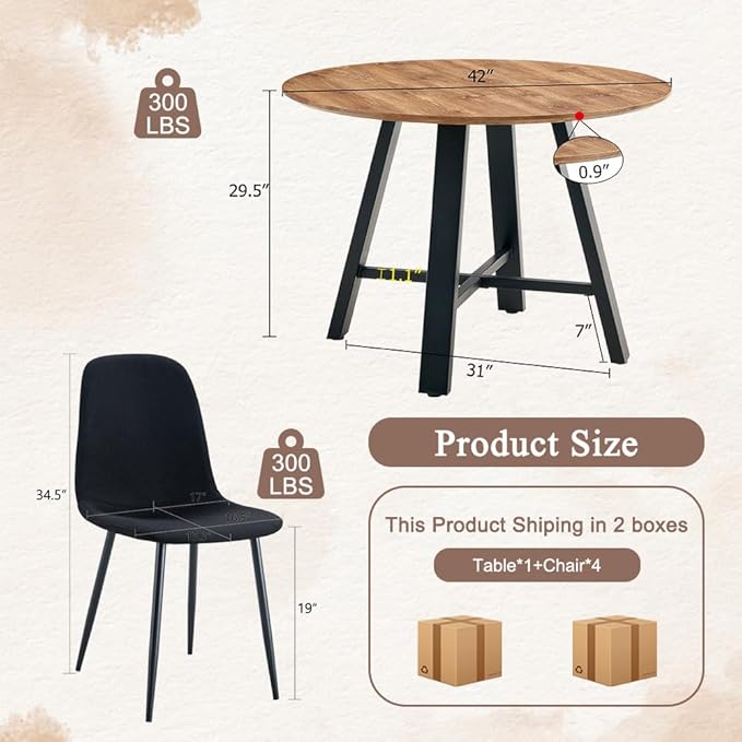 Round Dining Table Set for 4, Modern Kitchen Dining Table Chairs Set for 4, 42" Wood Dining Room Table Set & 4 Upholstered Chairs for Kitchen Living Office Cafe Small Space