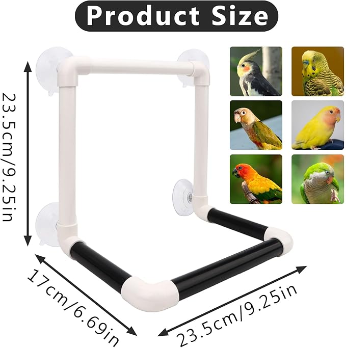 Hypeety Portable Suction Cup Bird Window and Shower Perch Toy Parrot Stand | 4 strong suction cups, parrot bath perch, easy to install, fits windows/shower tile, for cockatoo/african greys/macaws, grey