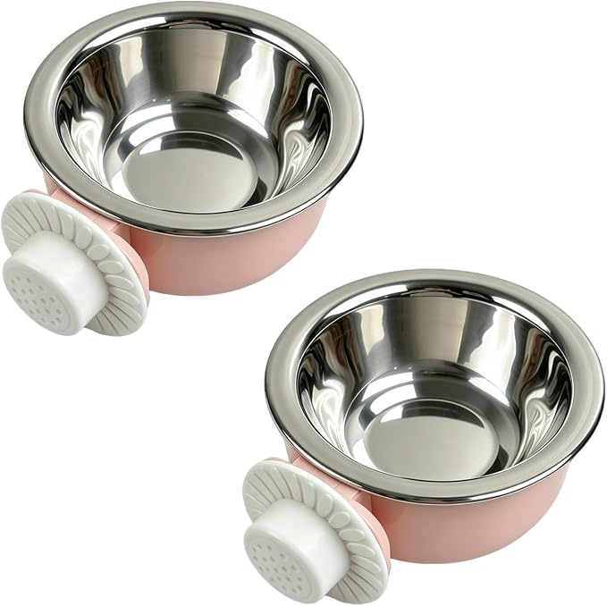 2Pcs Pets Lightweight Stainless Steel Bowl,Removable Stainless Steel Pet Hanging Food Water Feeder Bowl for Puppy Dog Cat Rabbit Ferret Bird Gunea Pigs (Pink-Small)