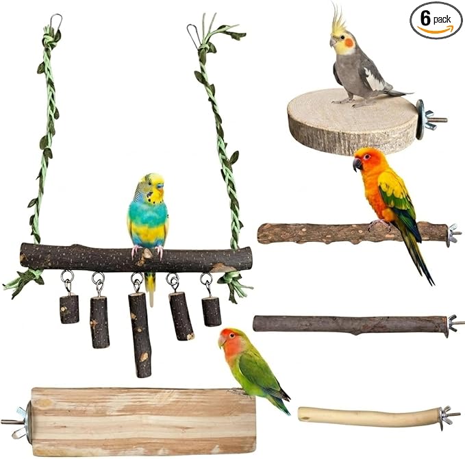 Bird Perch Set, 6 Pack Natural Apple Wood Cage Accessories with Platforms & Swing for Parakeets, Cockatiels, Conures, Budgies, for Climbing, Chewing & Exercise