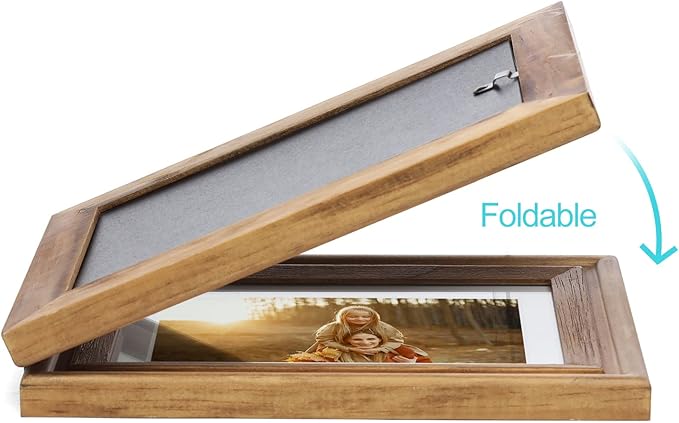 Horizontal 5X7 Picture Frames Double Hinged Wood Folding Photo Frames with Real Glass Front Fit for Desktop or Tabletop Display Pictures 4x6 with Mat or 5x7 Without Mat, Wood Grain XZON-H75X2