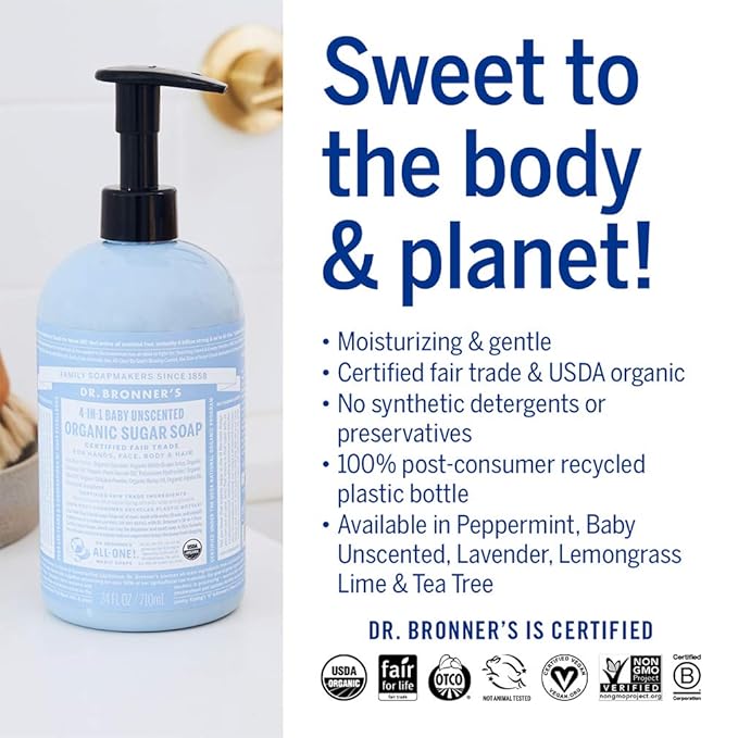 Dr. Bronner's Organic Sugar Soap (Baby Unscented, 24 Ounce) - Made with Regenerative Certified Organic Oils, Sugar & Shikakai Powder, 4-in-1 Use: Hands, Body, Face and Hair- Liquid Soap, Nourishes