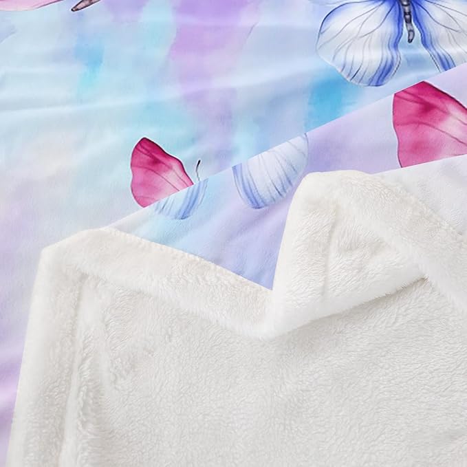 Feelyou Girls Butterfly Fleece Throw Blanket Throw 50"x60" Kids Tie Dye Watercolor Sherpa Blanket Plush Fuzzy for Bed Couch Chair Living Room, Dreamy Girly Bed Blanket Purple Blue Room Decor