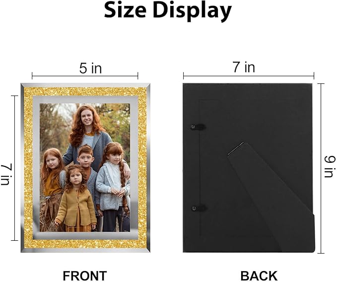 5x7 Picture Frames Gold - Set of 4, Sparkle Real Glass 5 by 7 Photo Frame with Silver Mirrored Edge, for Tabletop Display, Wedding Birthday Christmas Day Gifts (5 x 7, Glitter Gold)