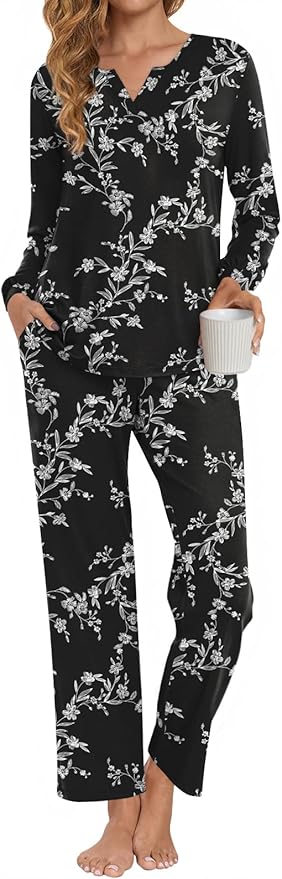 Anyally Women's Plus Size Pajama Sets Ladies Fall Pjs 2 Pieces Lounge Outfits V Neck Long Sleeves Sleepwear with Pockets