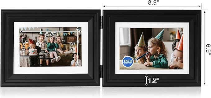 5x7 Double Horizontal Hinged Wood Picture Frame Folding Photo Frame with Real Glass Front in Black for Tabletop, Display 4x6 with Mat or 5x7 without Mat X2-HEI-2H57