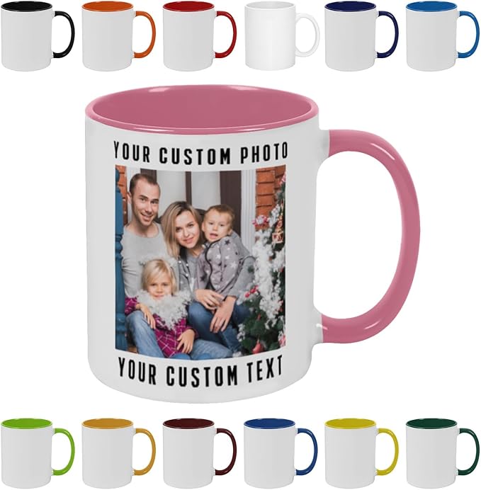 Personalized Coffee Mug with Photo, Logo or Text - Customized Gift Idea for Men & Women, Mom, Dad, Friends - Christmas Birthday Valentines Gifts, Party Favors Tea Cup - White/Pink