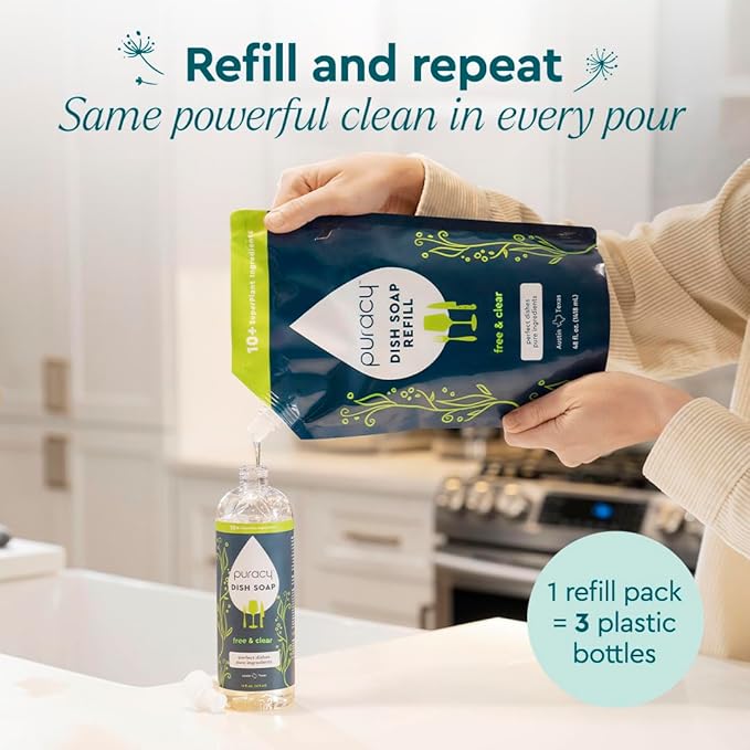 Puracy Natural Dish Soap Packs- Unscented Skin-Softening Plant-Based Dishwashing Soap, Non-Toxic Dish Soap, Fragance Free Organic Liquid Dishwashing Detergent Soap (Unscented, 16 fl oz, 3 Pack)