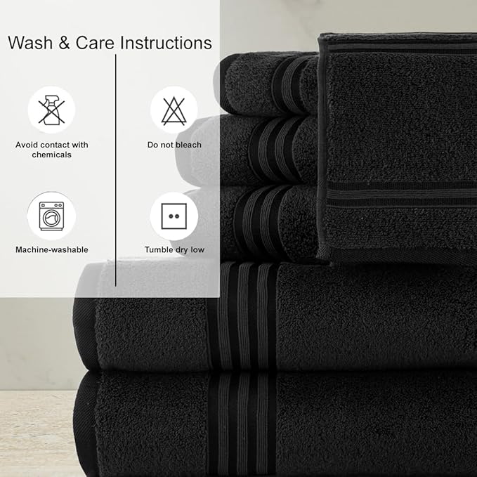 CASA COPENHAGEN Zero Twist, 6 Pieces Set 100% Cotton 0" Twist Towel Set- Black, 600 GSM, 2 Bath, 2 Hand, 2 Washcloths Made from Egyptian Cotton, Ultra Soft Luxury Towels for Bathroom.