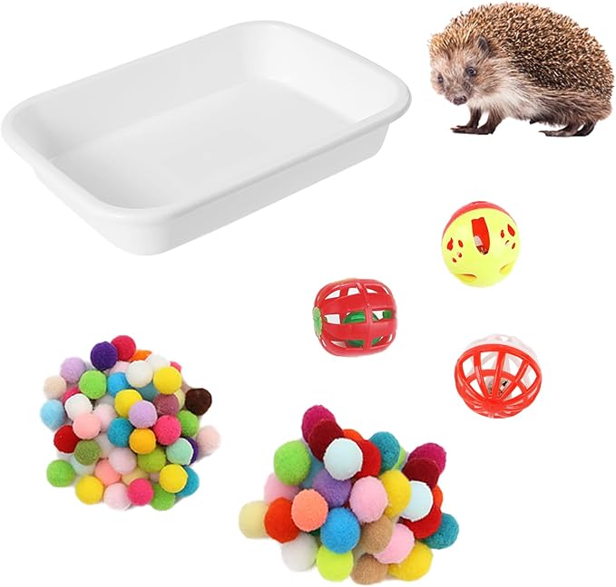 Dig-Box Tray for Hedgehog Cage with Ball Toy, Hedgehog Enrichment Kit Toy, Hedgehogs Accessories, for Hamster, Cat, Small Animal Accessories (White, 8.4 * 5.9 * 1.6in)