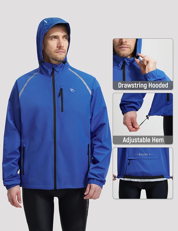 baleaf Men's Rain Jacket Waterproof Windbreaker Raincoat Running Cycling Hiking Gear Hood Lightweight Reflective Packable