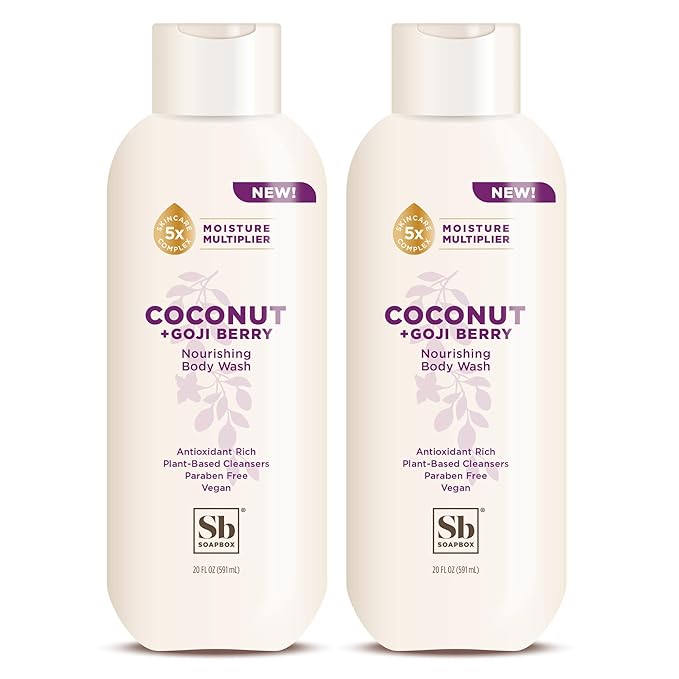 Soapbox Body Wash, Coconut & Goji Berry Liquid Body Wash, Moisturizing Soap with Shea Butter, Vegan Duo Pack of 2 Soap Bottles, 20oz Each