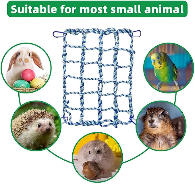 2 Pcs Rat Climbing Ropes for Cage - Rat Accessories - 12.6 x 9.84 inch Hammock - Cotton Rope Bridge - Bird Ladder with 4 Silver Hooks (Blue)