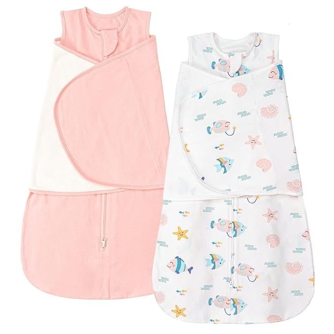 ZIGJOY Sleep Sack Swaddle 1.0 Tog Baby Wearable Blanket 100% Cotton Baby Swaddle Blanket for Newborns 6-12 Months Ocean&Pink