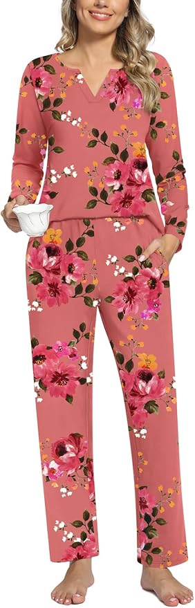 Anyally Women's Plus Size Pajama Sets Ladies Fall Pjs 2 Pieces Lounge Outfits V Neck Long Sleeves Sleepwear with Pockets