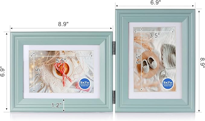 5X7 Double Wooden Hinged Picture Frame Horizontal and Vertical in Teal Blue, Display 4x6 with Mat or 5x7 without Mat, Folding Photo Frame with Real Glass Front for Tabletop X2-LAN-HS57