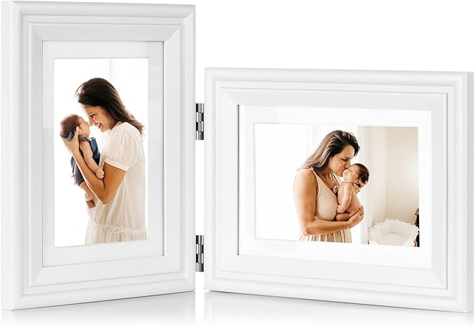 5X7 Double Wooden Hinged Picture Frame Vertical and Horizontal in White, Display 4x6 with Mat or 5x7 without Mat, Folding Photo Frame with Real Glass Front for Tabletop X2-BAI-SH57