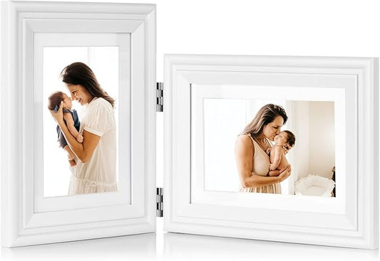 5X7 Double Wooden Hinged Picture Frame Vertical and Horizontal in White, Display 4x6 with Mat or 5x7 without Mat, Folding Photo Frame with Real Glass Front for Tabletop X2-BAI-SH57