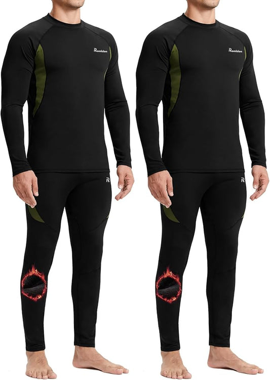romision 2 Pack Thermal Underwear for Men Long Johns Fleece Lined Hunting Gear Bottom Top Set Base Layer Cold Weather XS-4XL