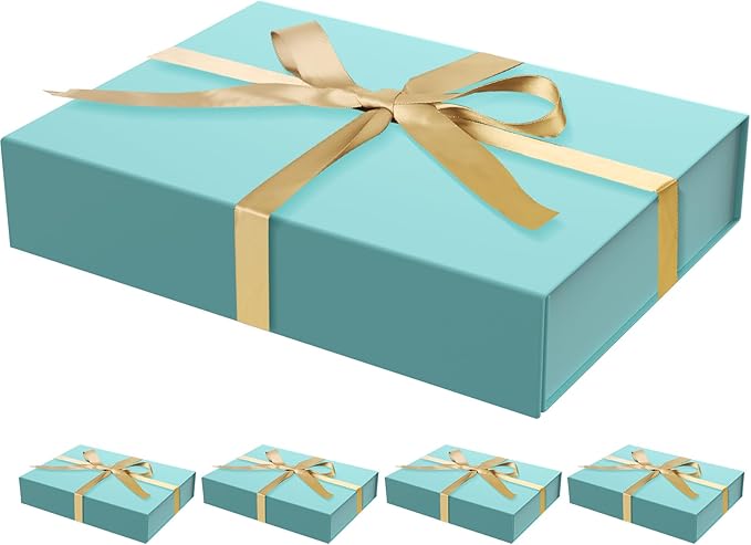 5 Pack Gift Boxes with Lids, 11 x 8.2 x 2.3 Inches Packing Box for Presents Ribbon Magnetic Closure, Luxury Wrapping Gift Boxes for Weddings, Birthdays, Chrismas, Halloween, Turquoise