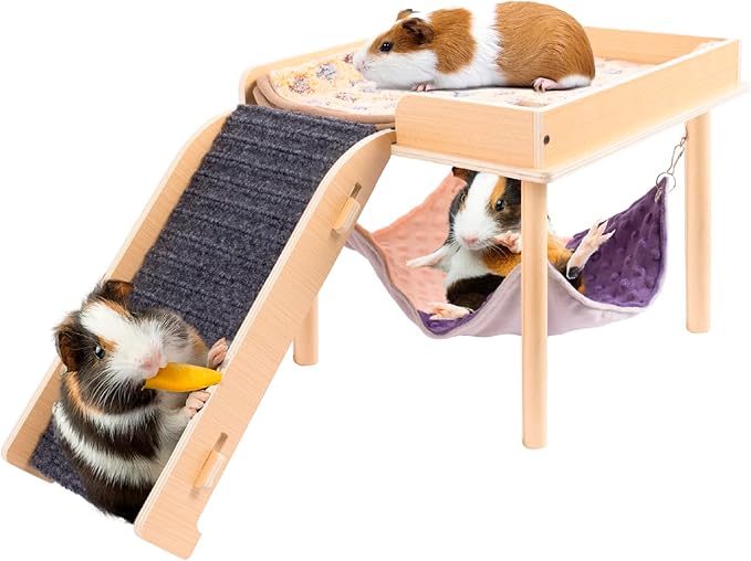BESNEW Enlarged Guinea Pig Hammock with Platform and Stairs,Wooden Small Animal Hideout for Guinea Pigs Bunny Ferret Hamster Hiding Sleeping Activities(Single)