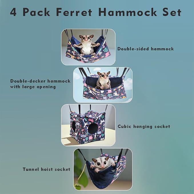JNJNCWYP 4 Pack Ferret Hammock Set, Hanging Soft Small Animal Hammocks with Hideout,Tunnel and Double Layer,Cage Accessories for Ferret,Rats,Sugar Glider,Squirrel(Navy Blue)