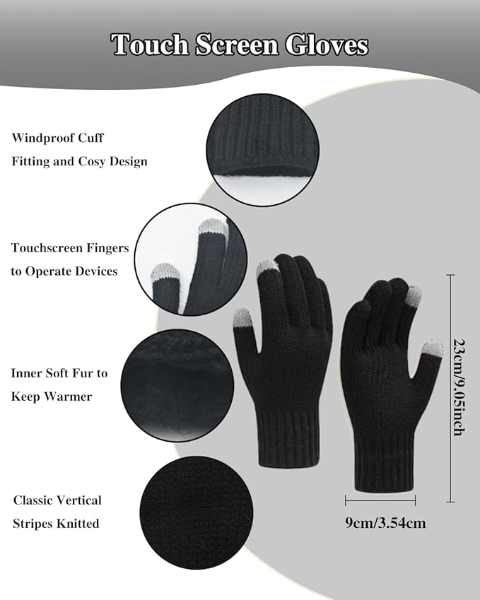 Winter Beanie Hat Scarf Gloves Set for Women, Fleece Knit Pompom Beanie Neck Warmer Long Scarf Touchscreen Gloves 3 in 1 Set