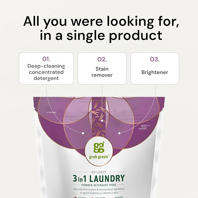 Grab Green 3-in-1 Laundry Detergent Pods, 24 Count, Fragrance Free, Plant and Mineral Based, Superior Cleaning Power, Stain Remover, Brightens Clothes