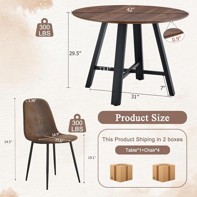 Round Dining Table Set for 4,Wooden Dining Table and Chairs Set of 4,42” Modern Kitchen Table Set for Dining Room,Office,Small Space,Apartment