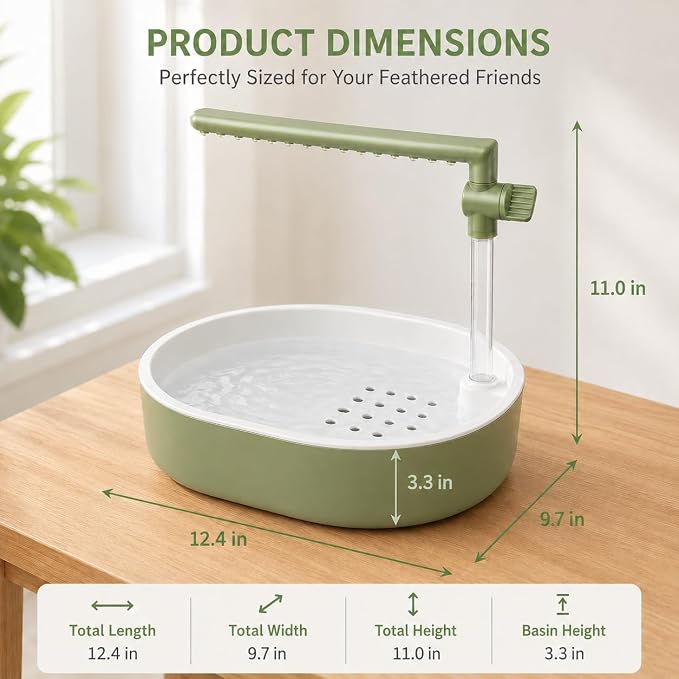 Bird Shower, Automatic Bird Bath for Cage, Light Green | Adjustable valve, hidden-cord pump, dual perches, 4 natural rattan balls, waterproof mat, indoor parakeet use