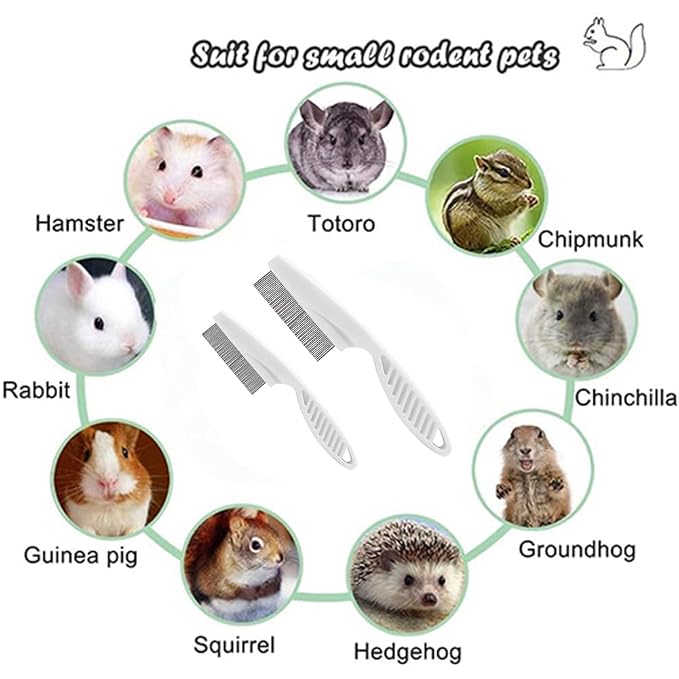 2PC Hamster Grooming Comb - Stainless Stell Face Flea Comb Fine Tooth Tear Stain Remover Removes Crust, Mucus, Stains, Face Brush for Chinchillas, Ferrets, Guinea Pigs, Rabbits (White)