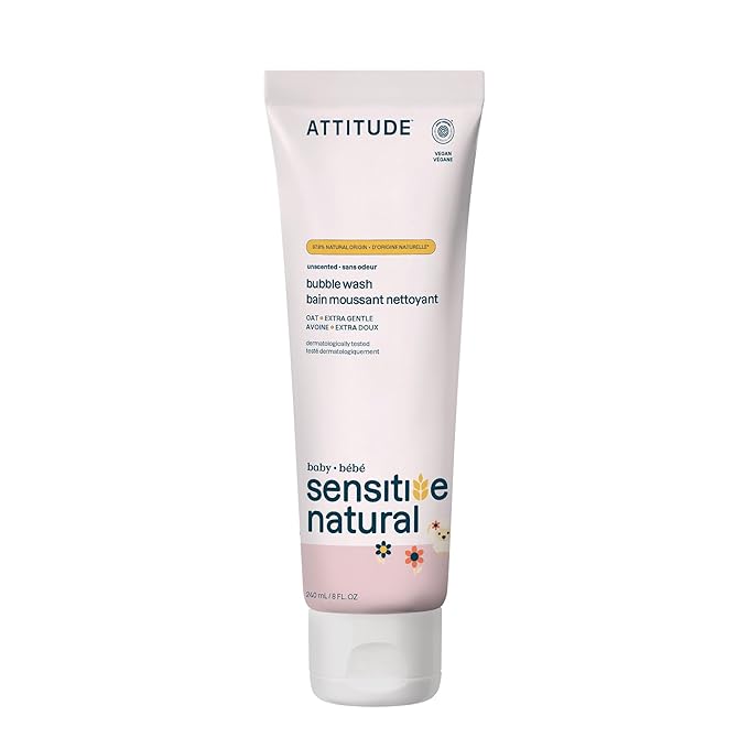 ATTITUDE Bubble Body Wash for Baby, EWG Verified, Extra Gentle, Enriched with Oatmeal, Dermatologically Tested, Plant and Mineral-Based, Vegan, Unscented, 8 Fl Oz