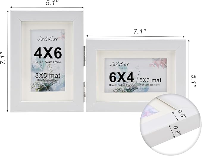 Double Hinged 4X6 Picture Frame with Real Glass-Tabletop or Wall Mounted, Display for 3X5 & 4X6 Photos (with/without Mat)-Matte White, For Family Photos & Wedding Memories-B4664