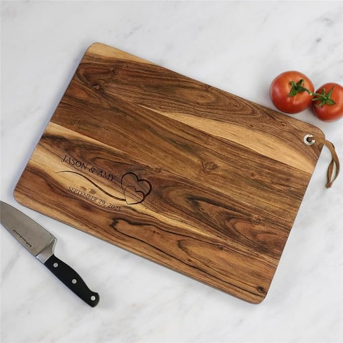 Personalized Acacia Wood Charcuterie Cutting Board, Custom Engraved with Couple’s Names and Heart Design, Present For Wedding or Anniversary