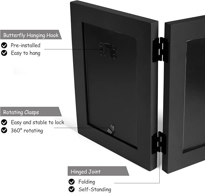 4x6 Double Hinged Picture Frame Folding Photo Frame Vertical and Horizontal in Black Pine Wood with Real Glass for Tabletop X2-HEI-SH46