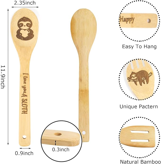 5PCS Sloth Wooden Cooking Spoons Set Bamboo Cooking Spoons | Sloth Kitchen Decor Housewarming Wedding Kitchen Gift Sloths Themed Gifts for Women Animal Lovers
