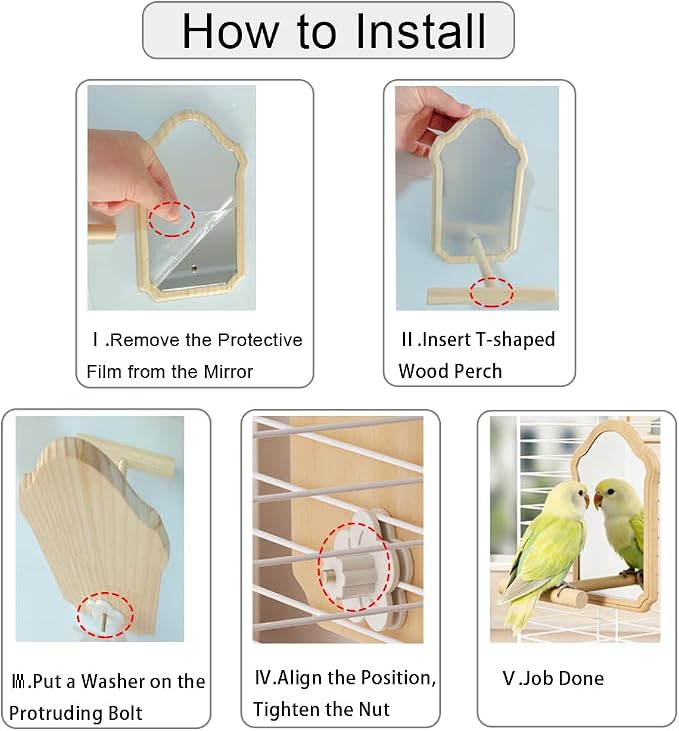Bird Mirror with Wooden Perch for Parakeet, 21cm Bird Toy for Cage | 21cm Large Wooden Bird Mirror. Reflective Mirror with Perch for Parakeets, Cockatiels, Lovebirds, Great Bird Cage Accessory.