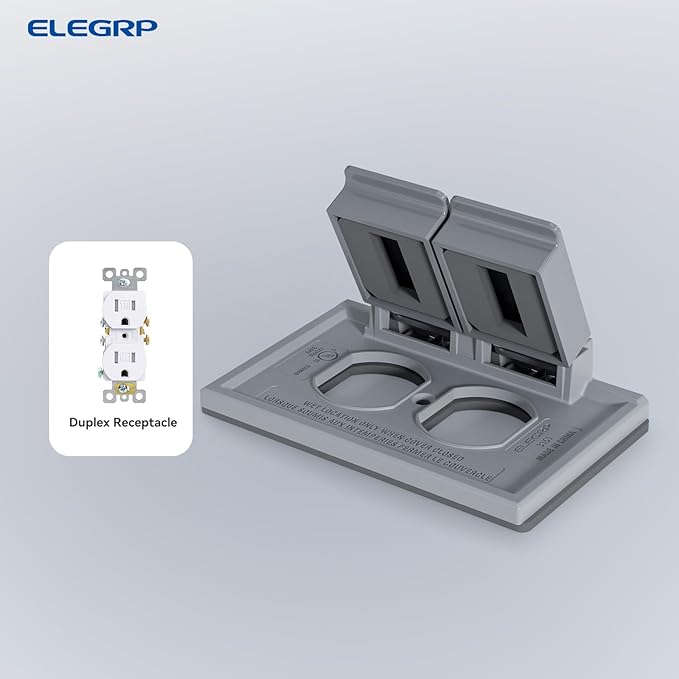 ELEGRP Horizontal Outdoor Cover for Duplex Receptacles, 2-Hole Weatherproof Wall Plate, Outdoor Electrical Outlet Cover, Standard Size 1-Gang 4.55” x 3.02”, Thermoplastic, 2 Pack, Grey