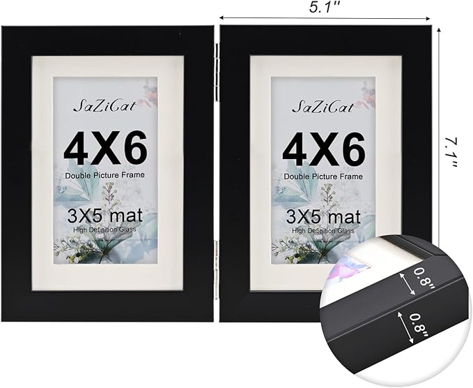 Double Hinged 4X6 Picture Frame with Real Glass-Tabletop or Wall Mounted, Display for 3X5 & 4X6 Photos (with/without Mat)-Classic Black, For Family Photos & Wedding Memories-H46X2