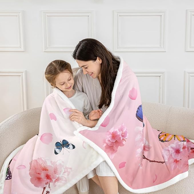 Feelyou Girls Butterfly Fleece Throw Blanket Baby 30"x40" Kids Cherry Blossom Sherpa Blanket Plush Fuzzy for Bed Couch Chair Living Room, Chic Gorgeous Bed Blanket Room Decor